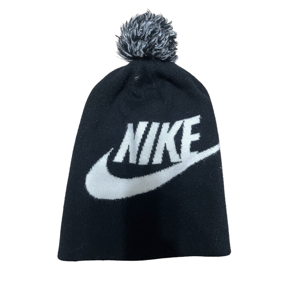 Nike Kids Black Winter Beanie with Mabled Pom Pom and Large Swoosh brand ski